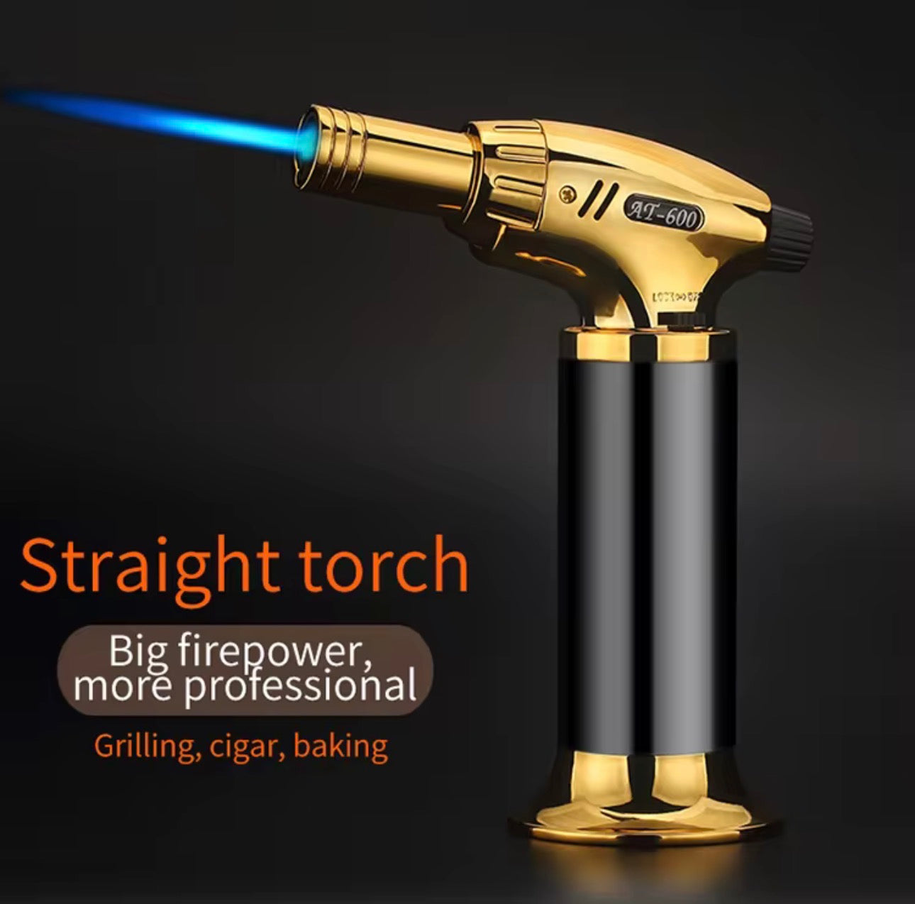 Gold and black straight torch with blue flame on a dark background