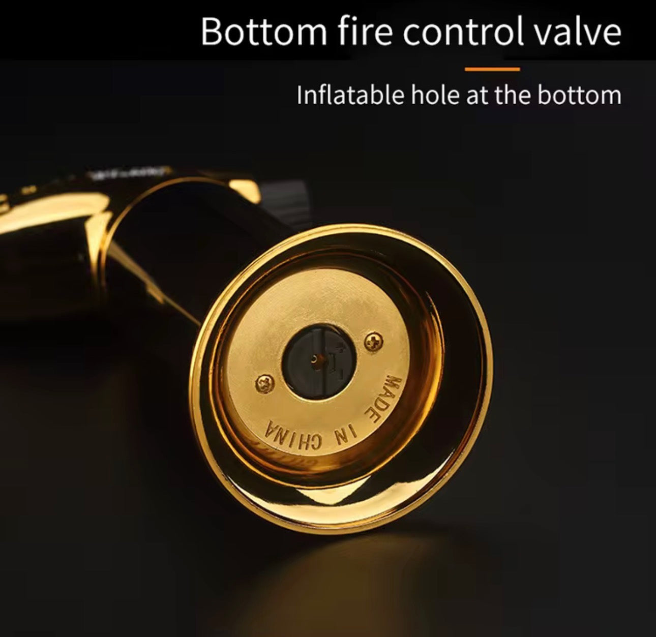 Gold bottom fire control valve with inflatable hole on a black background