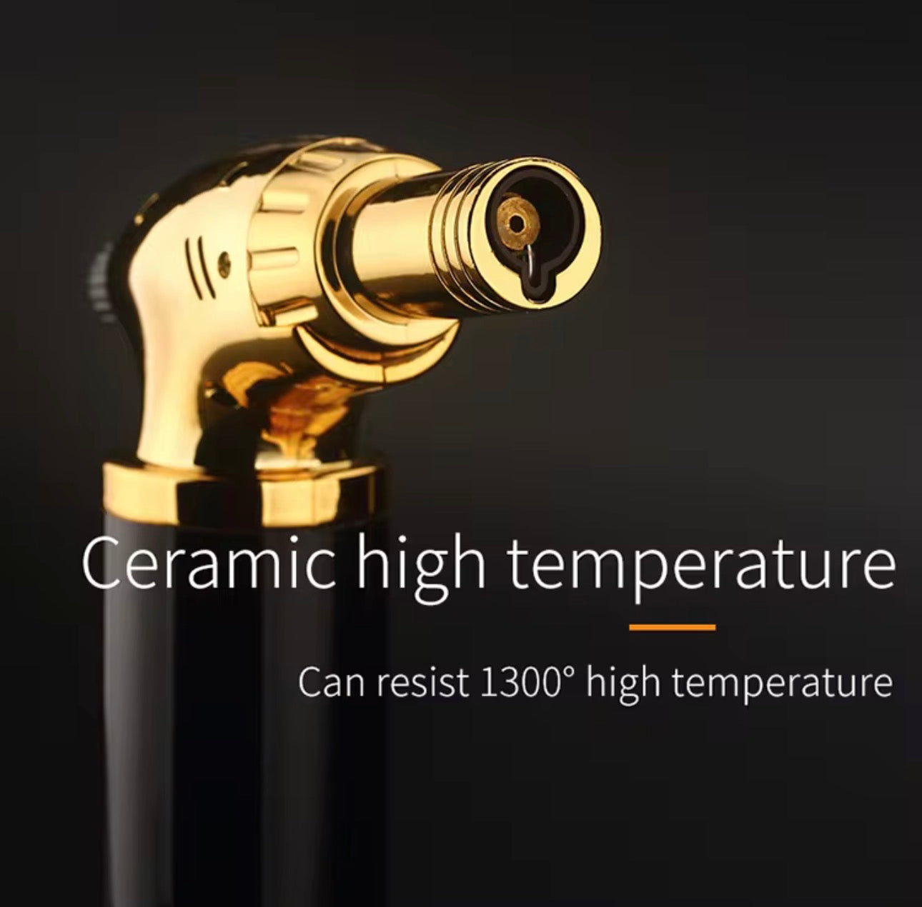 Gold and black ceramic high temperature nozzle on a dark background