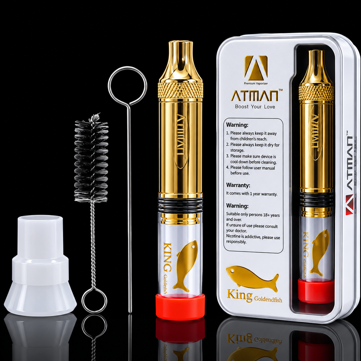 Gold glass blunt  pen with accessories and packaging on a black background