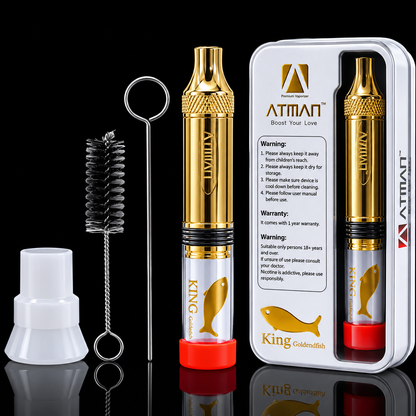 Gold glass blunt  pen with accessories and packaging on a black background