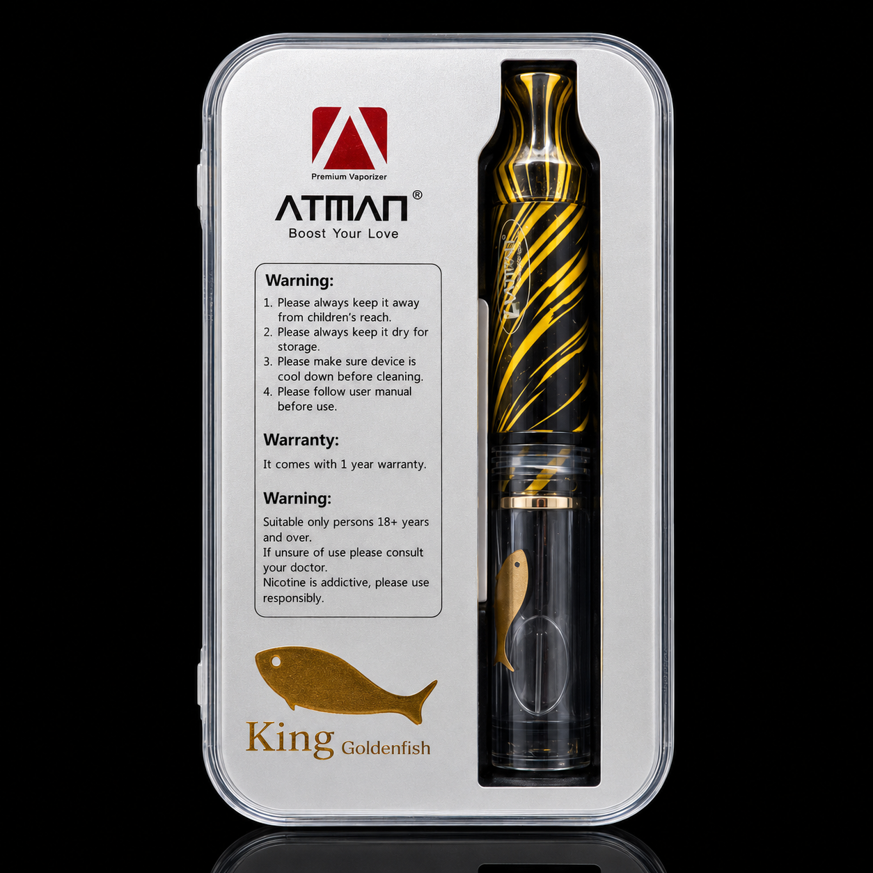 ATMAN vape device in packaging with warning labels on a black background