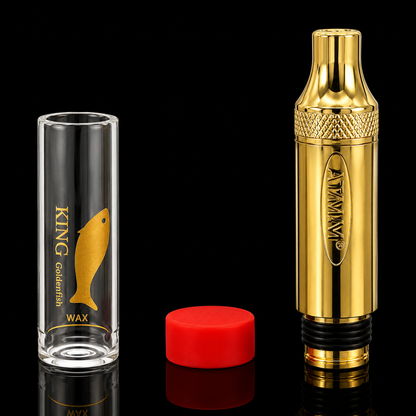 Gold  pen with clear cylindrical container and red cap on a black background