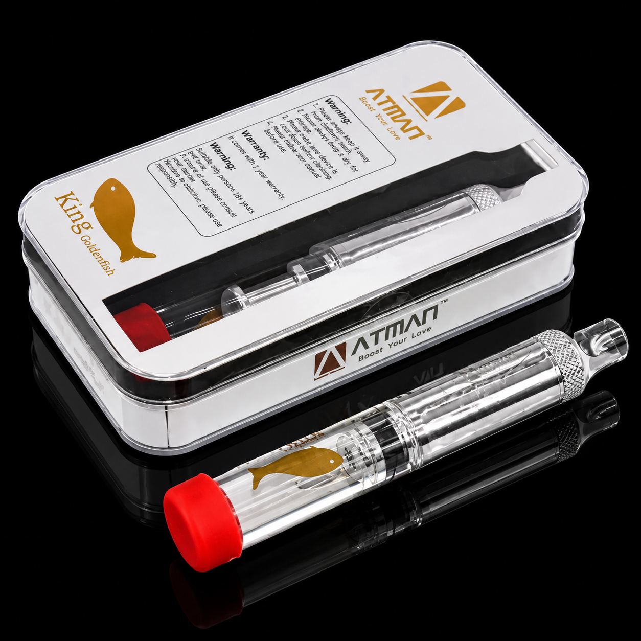 Atman vape pen with clear cartridge and red cap on a reflective surface