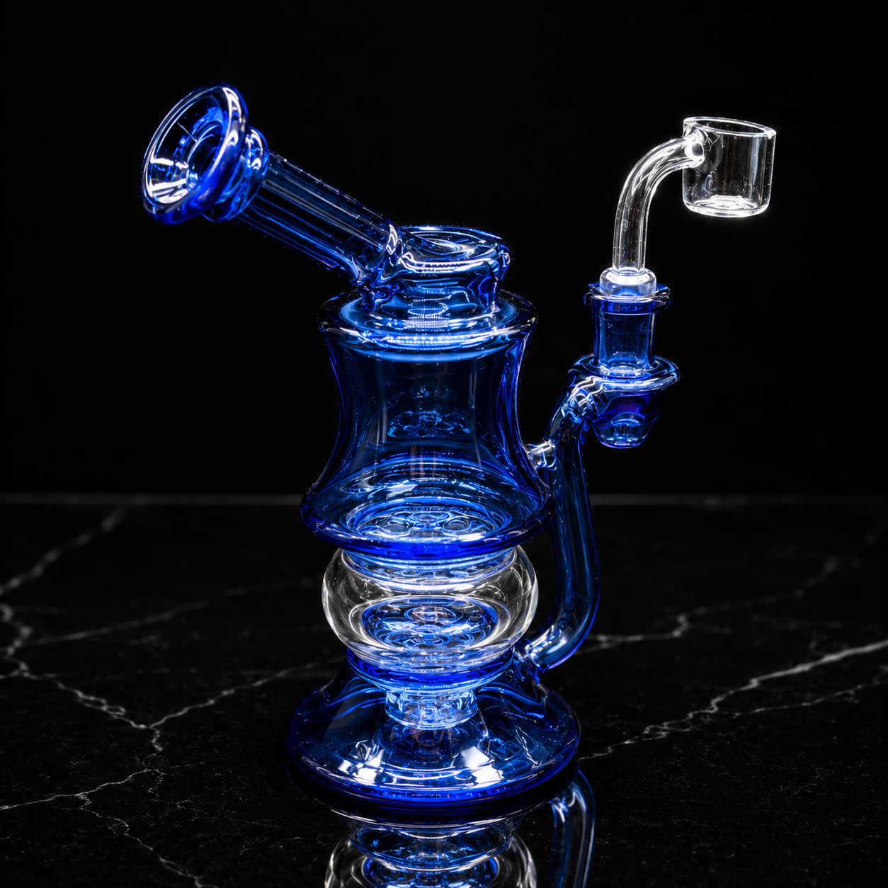 Blue glass smoking device on a black reflective surface