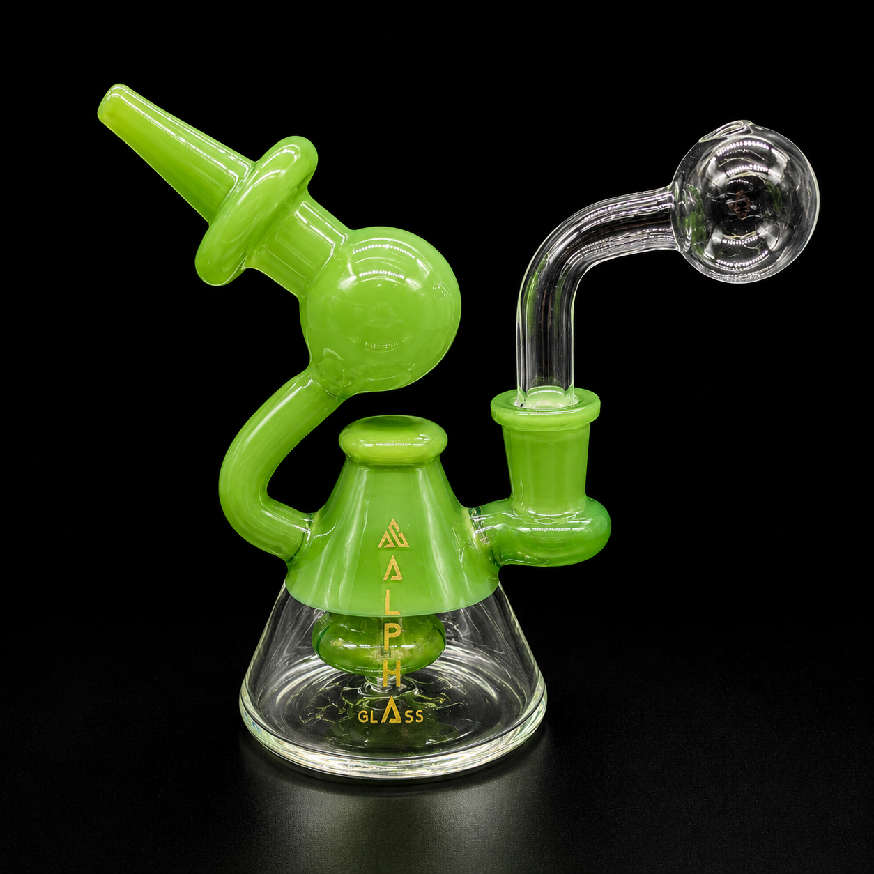 Green glass water pipe with clear hose on a black background