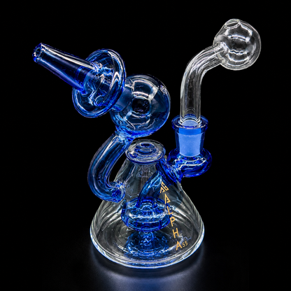 Glass water pipe with blue accents on a black background