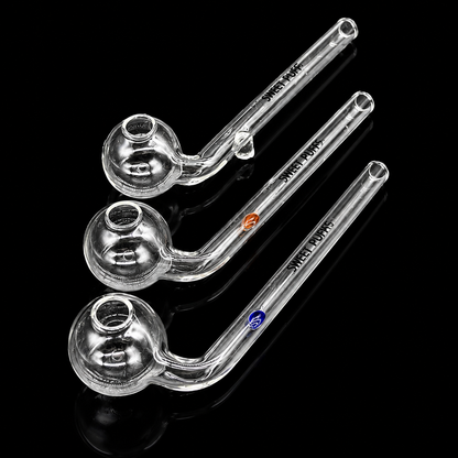 Three clear glass pipes with brand names on a black background