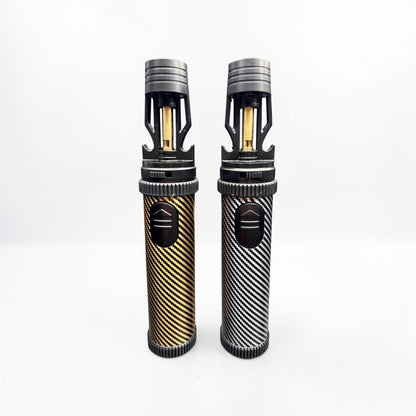 Two cylindrical Torch Lighters with carbon fiber pattern on a white background
