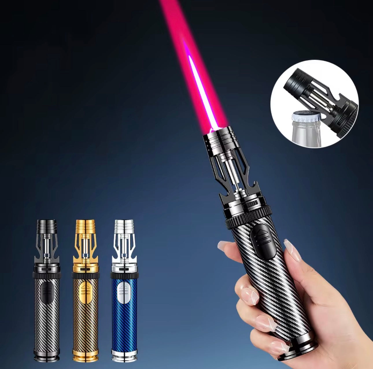 Light saber toy held by a hand with three other light saber models on a dark background