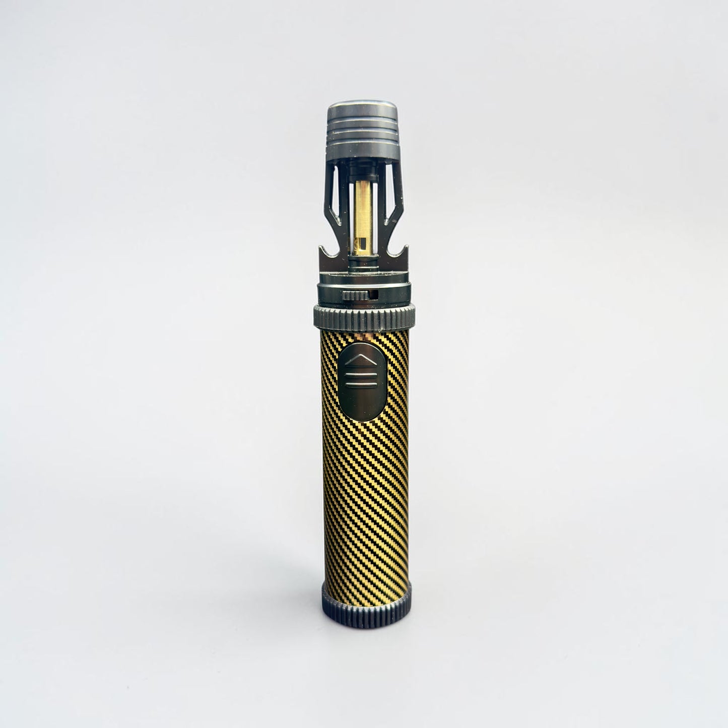 Torch lighter with black and gold design on a white background