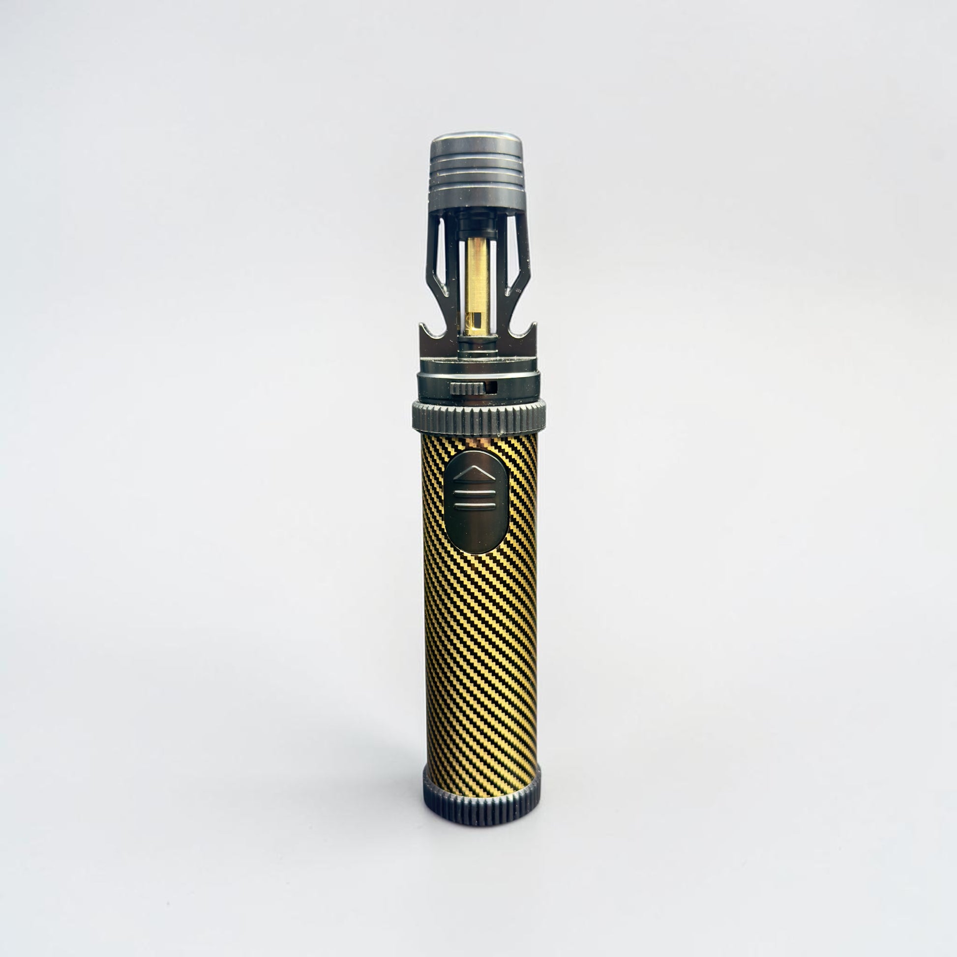 Torch lighter with black and gold design on a white background