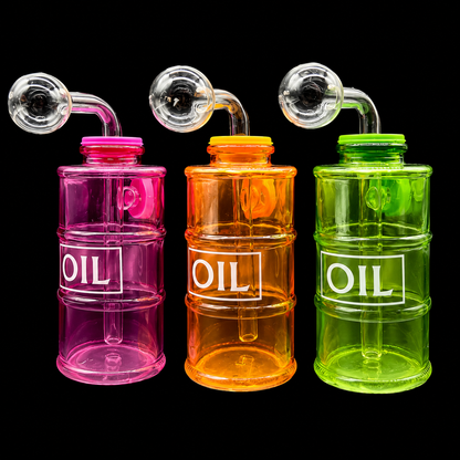 Three colorful oil containers with glass pipes on a black background