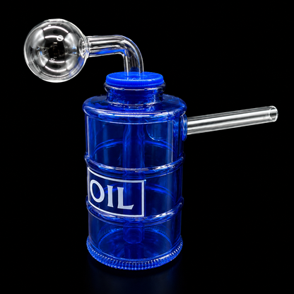 Blue glass oil rig with a clear hose on a black background