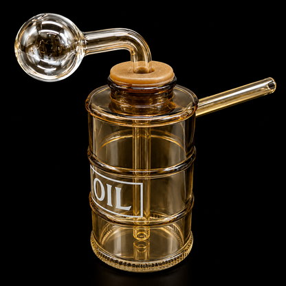 Glass oil burner with a clear glass container labeled 'OIL' on a black background