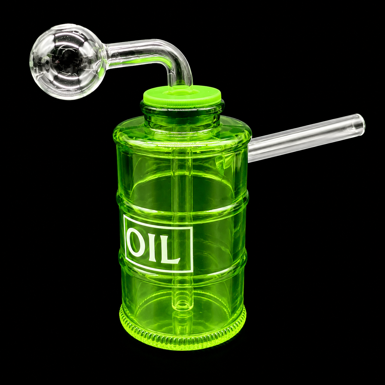 Green glass container with a smoking apparatus on a black background
