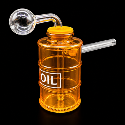 Orange container with a glass pipe and yellow cap on a black background