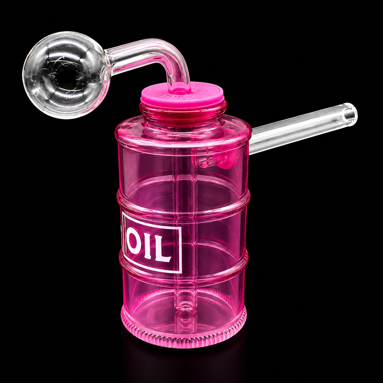 Pink container with a glass pipe and clear mouthpiece on a black background
