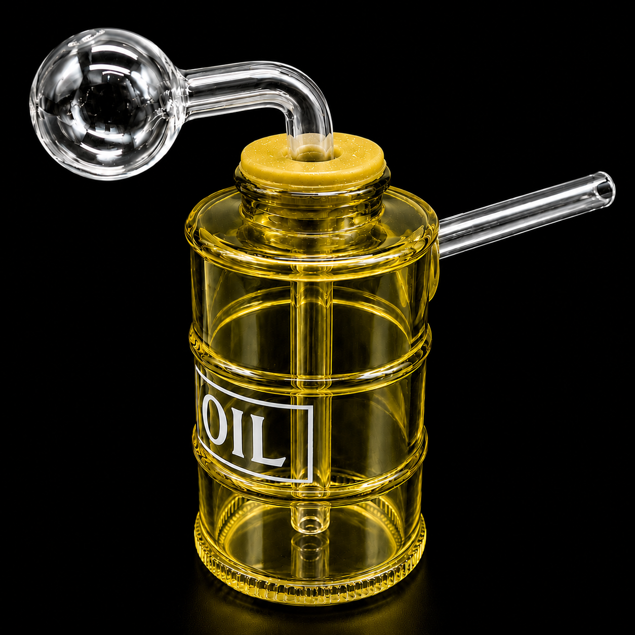 Glass oil rig with a yellow cap on a black background