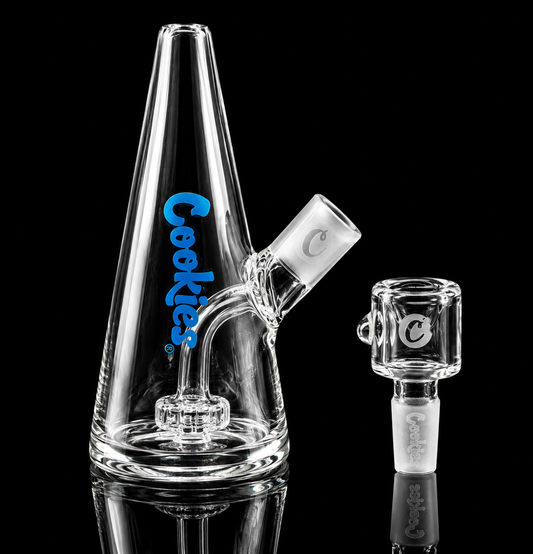 Glass smoking device with 'Cookies' branding on a black background