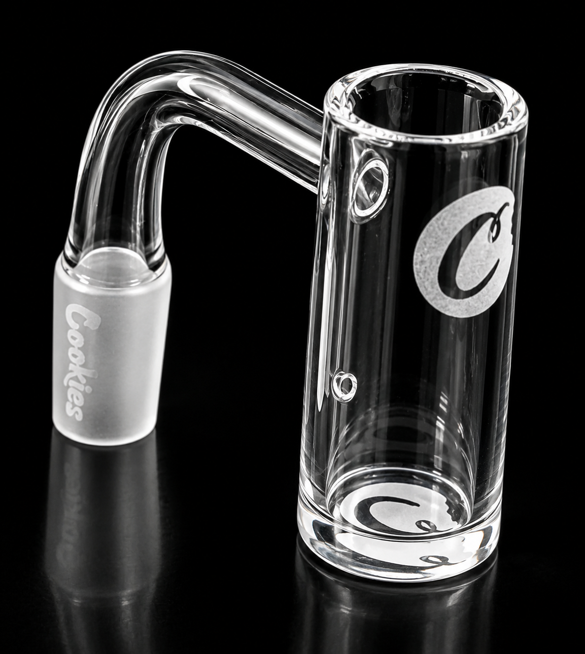 Clear glass water pipe with 'Cookies' branding on a black background