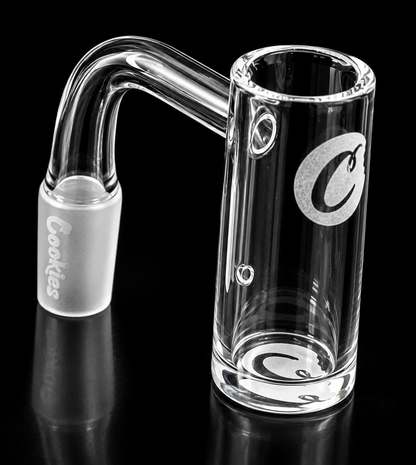 Clear glass water pipe with 'Cookies' branding on a black background
