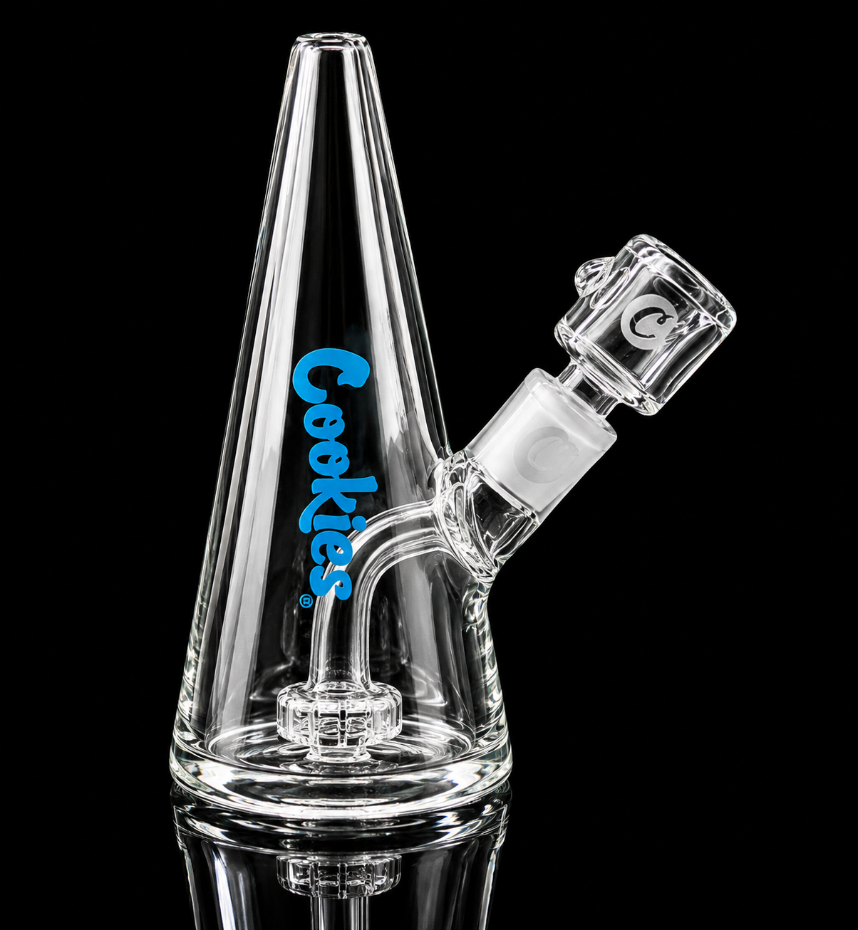 Clear glass water pipe with 'Cookies' branding on a black background