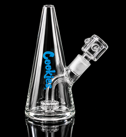 Clear glass water pipe with 'Cookies' branding on a black background