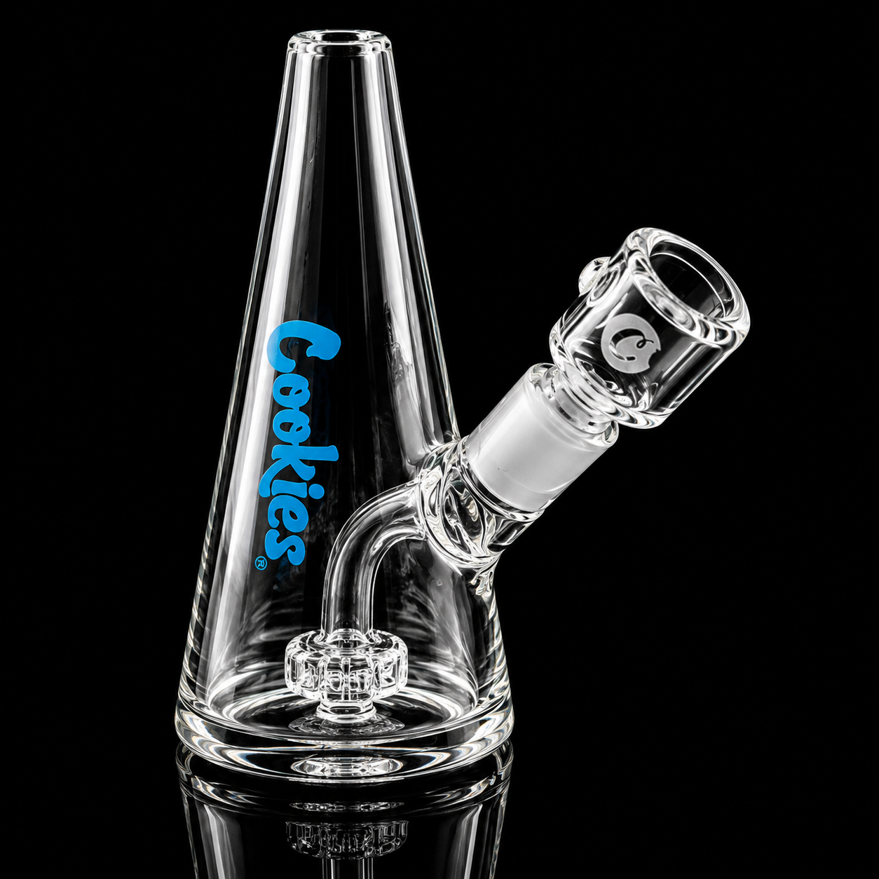 Clear glass water pipe with 'Cookies' branding on a black background