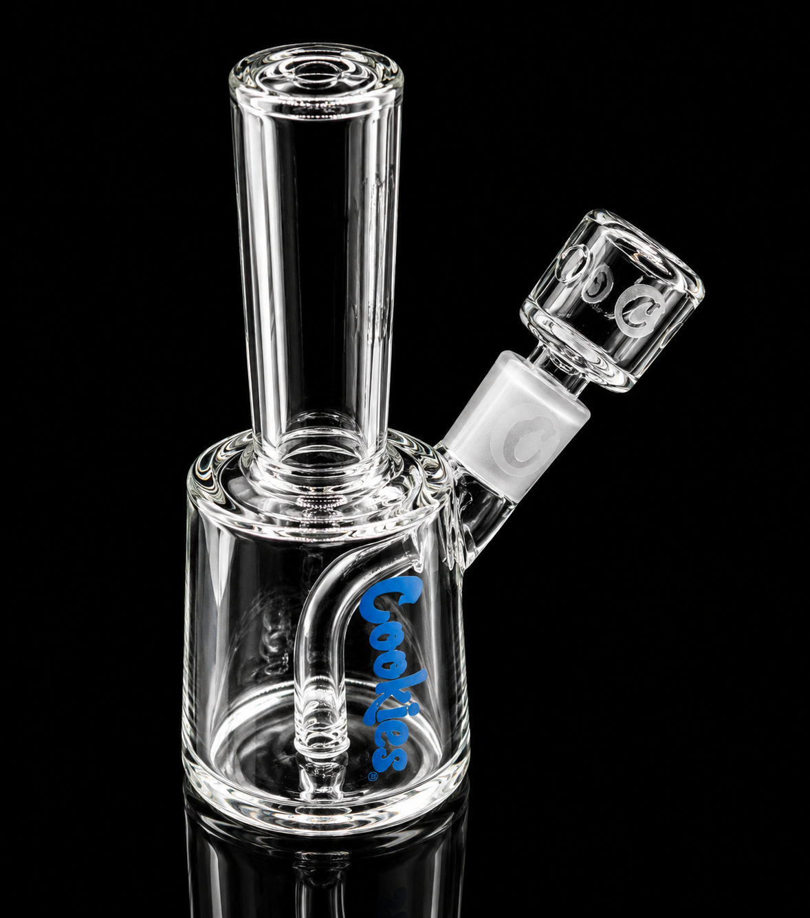 Clear glass water pipe with a brand logo on a black background
