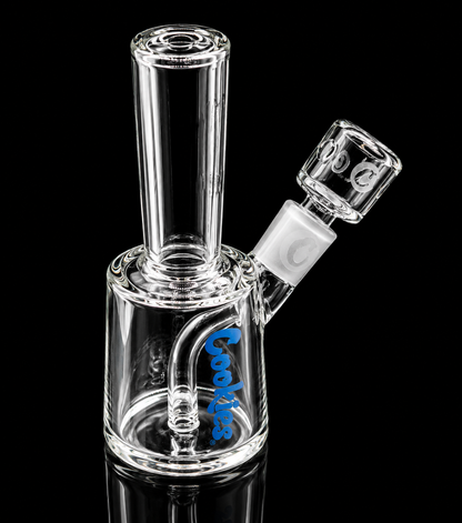 Clear glass water pipe with a brand logo on a black background