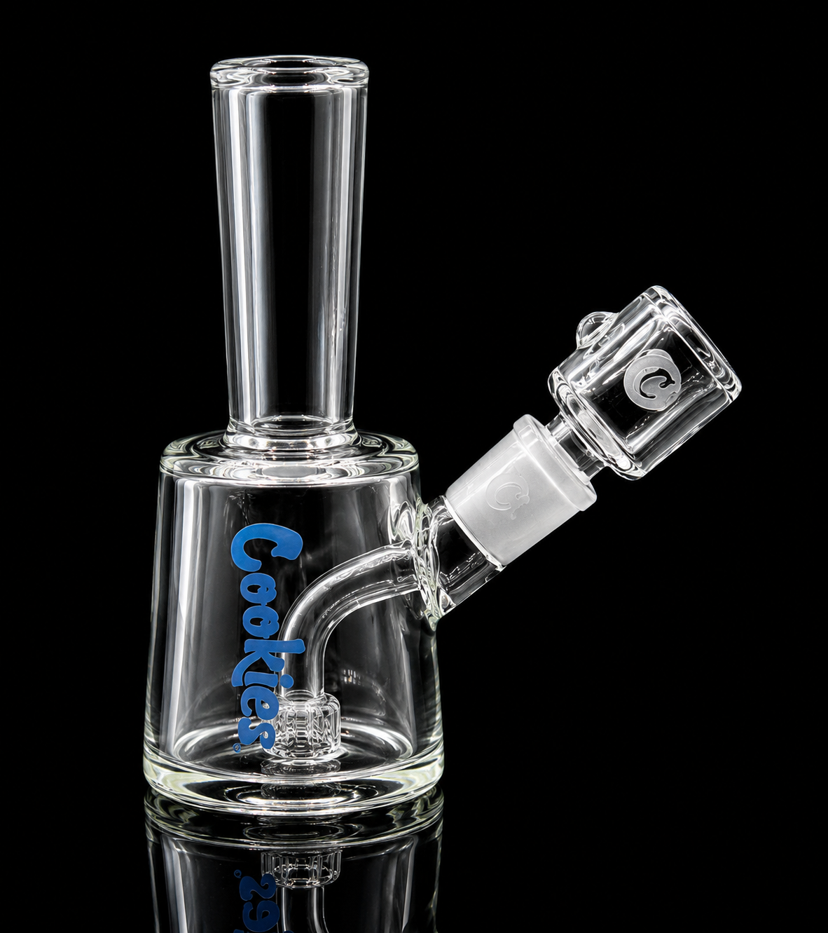 Clear glass water pipe with 'Cookies' branding on a black background
