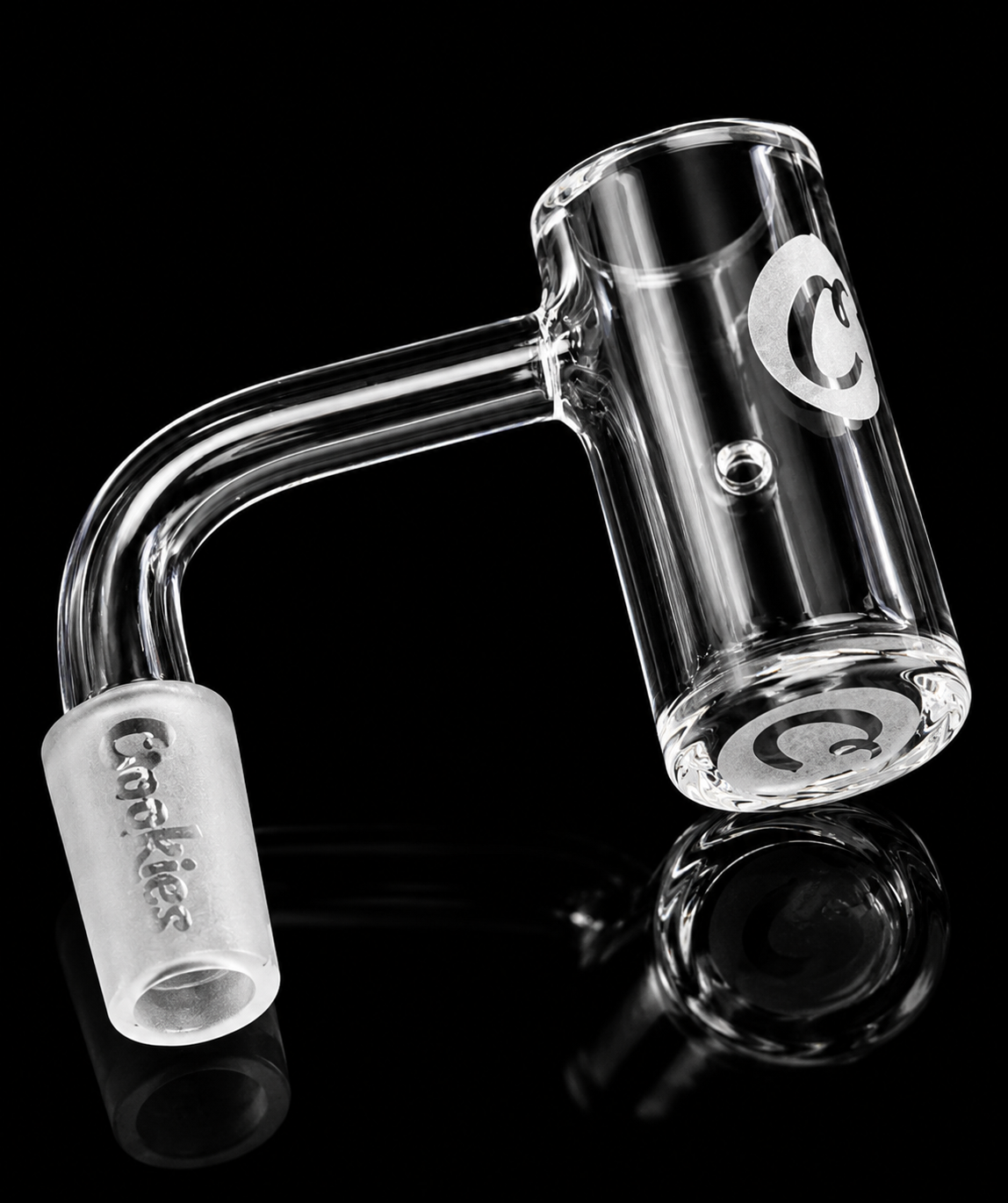 Clear glass water pipe with a curved design on a black background