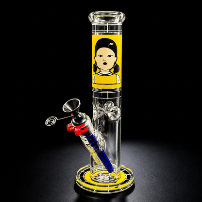 Glass smoking device with cartoon character design on a black background