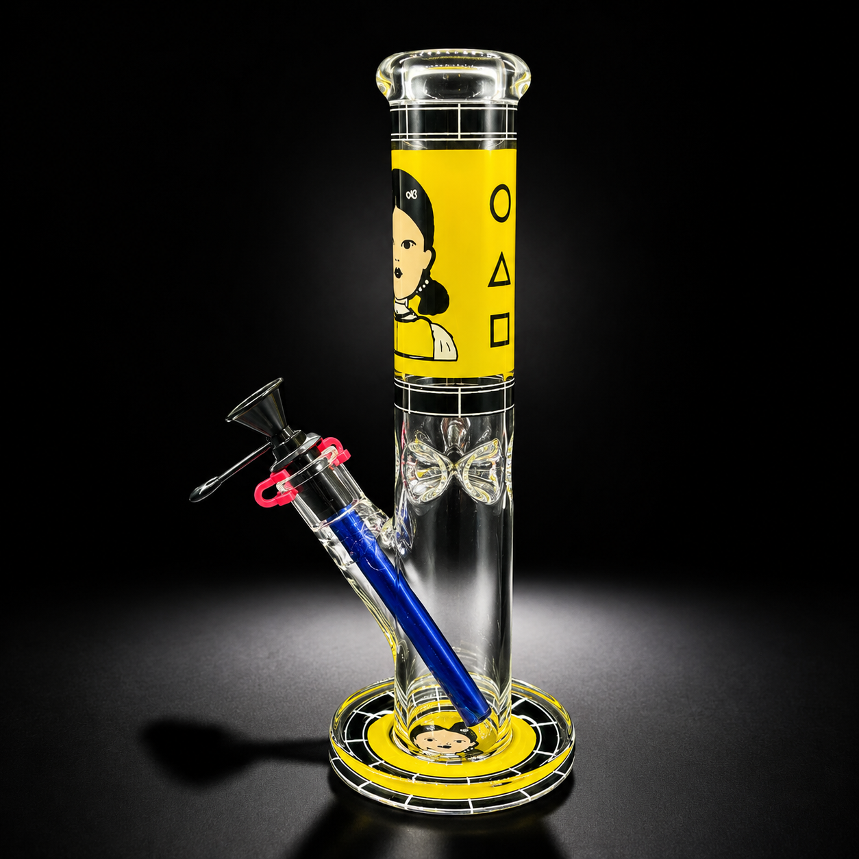 Glass smoking device with colorful design on a black background
