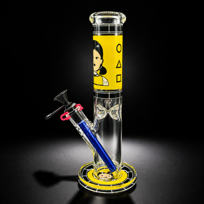 Glass smoking device with colorful design on a black background