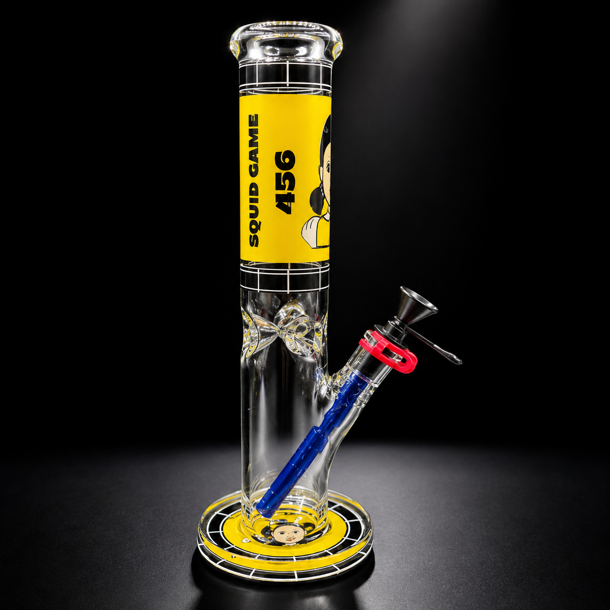 Glass water pipe with 'Squid Game' design on a black background