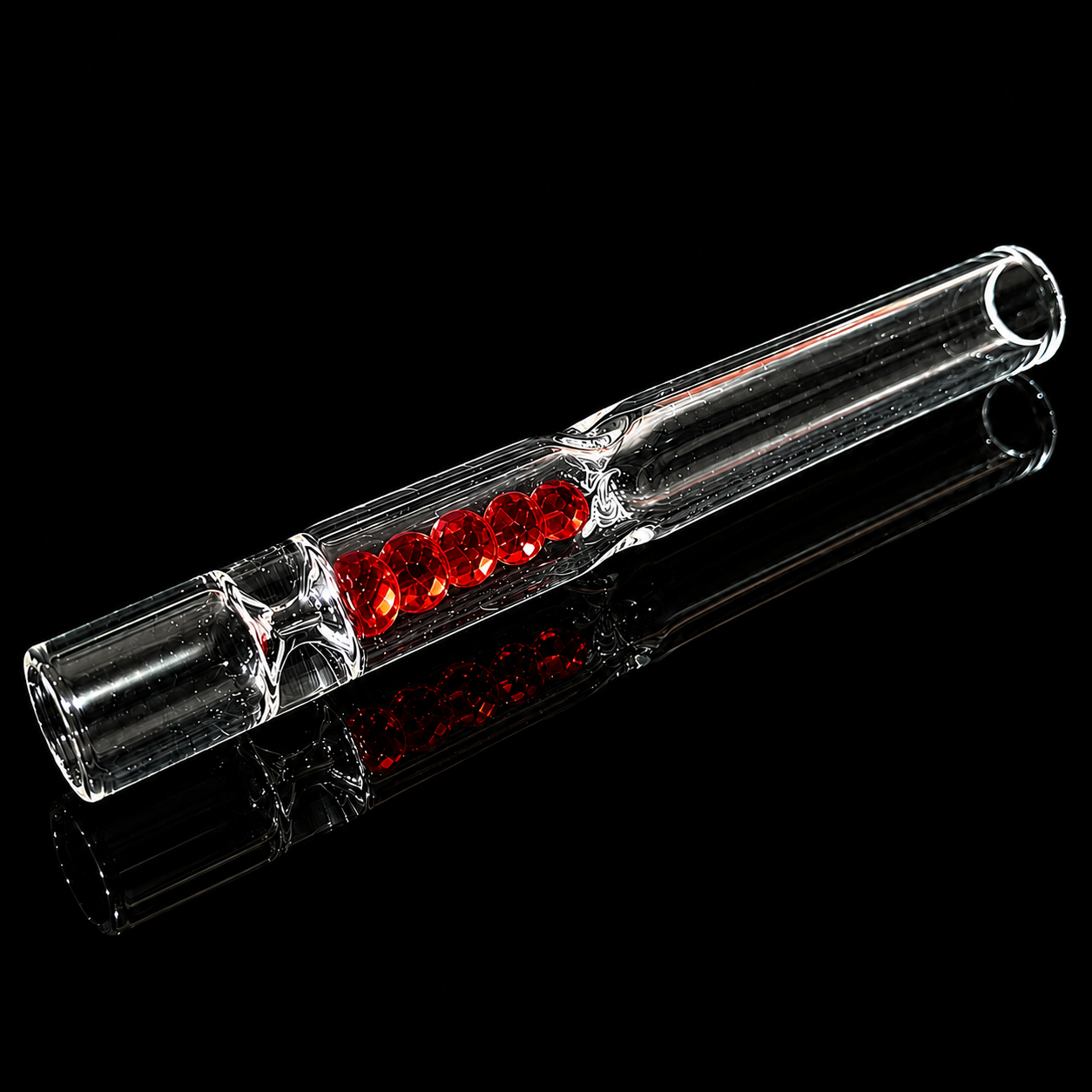 Clear glass smoking accessory with red accents on a black background