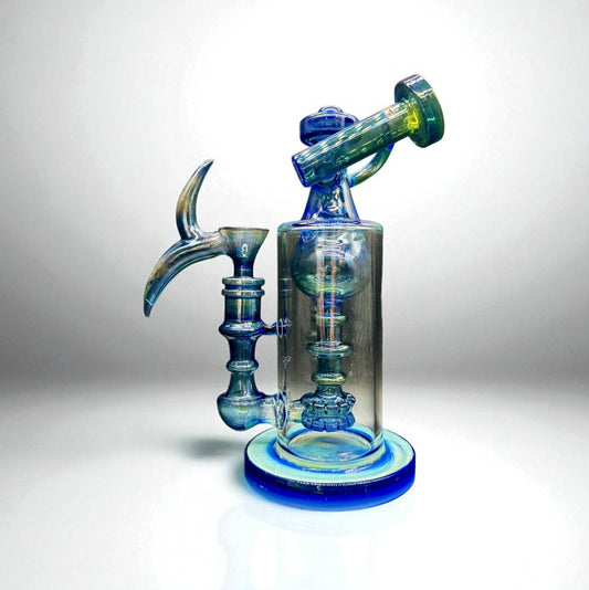 Glass smoking device with blue accents on a white background