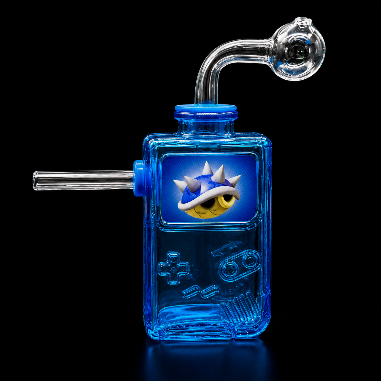 Blue glass smoking device with a cartoon character design on a black background