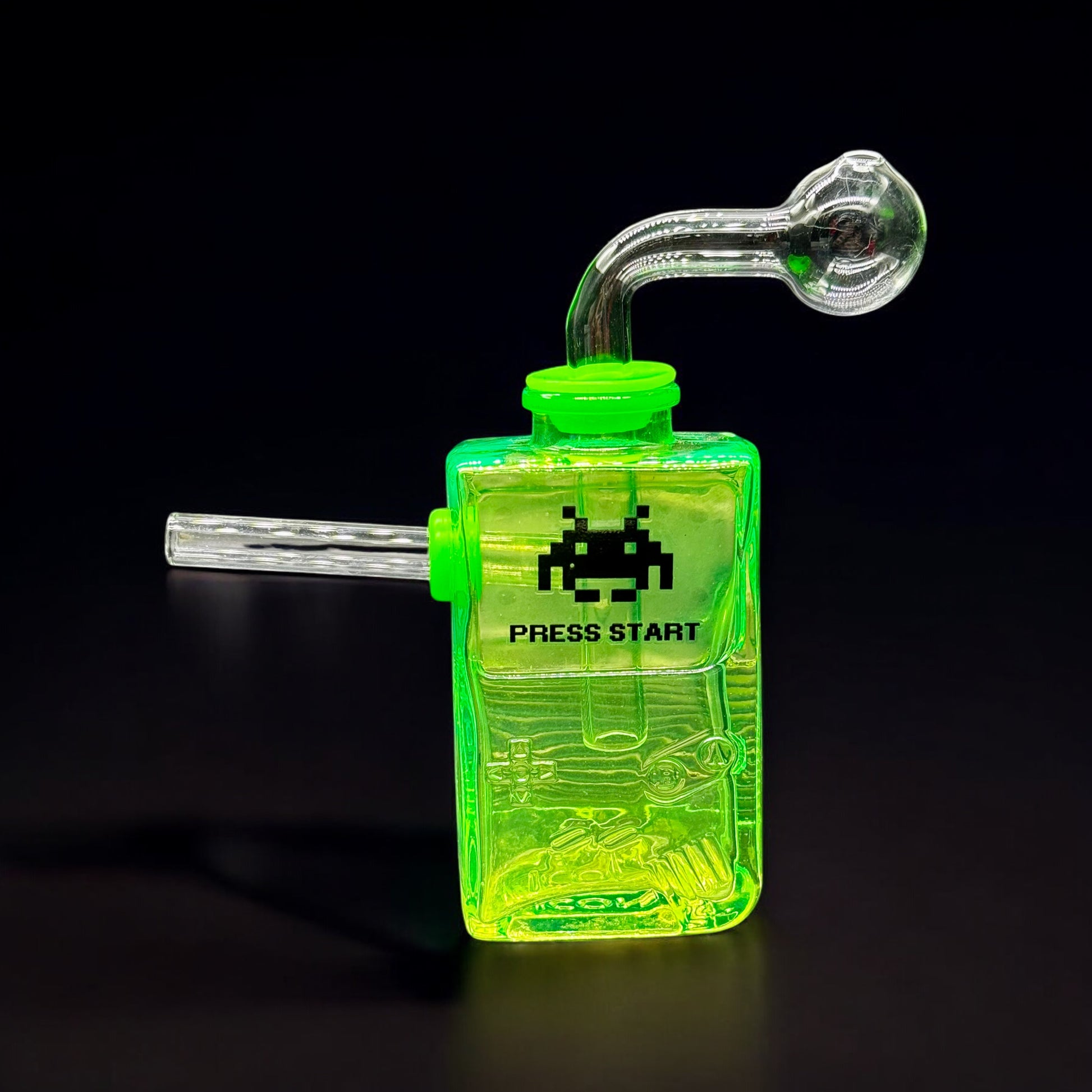 Hot green oil burner glass bubbler featuring a pixelated “Press Start” graphic with removable parts
