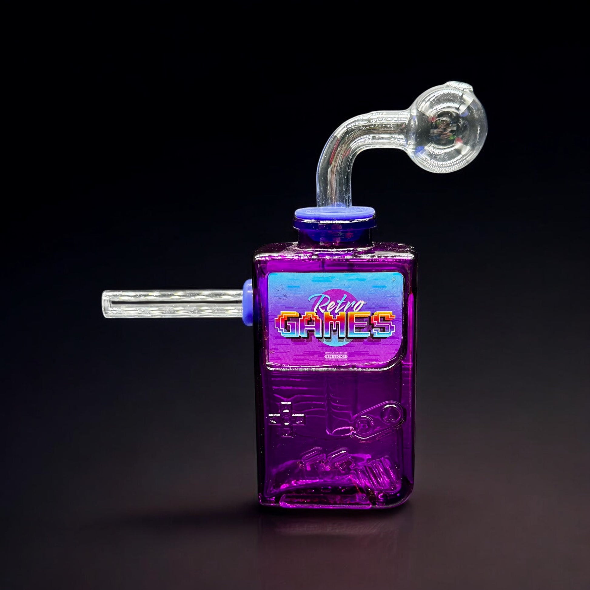 Purple retro Gameboy-style glass bubbler with removable parts and a “Retro Games” pixel label