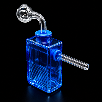 Blue glass water pipe with a clear hose on a black background