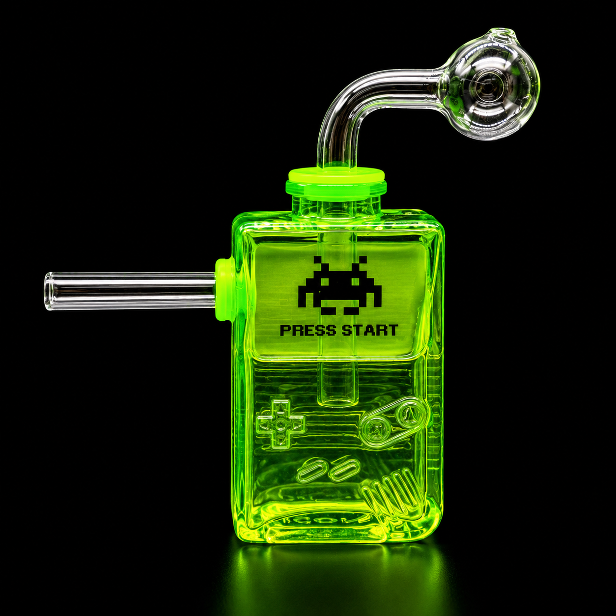 Green glass smoking device with 'Press Start' and pixelated design on a black background