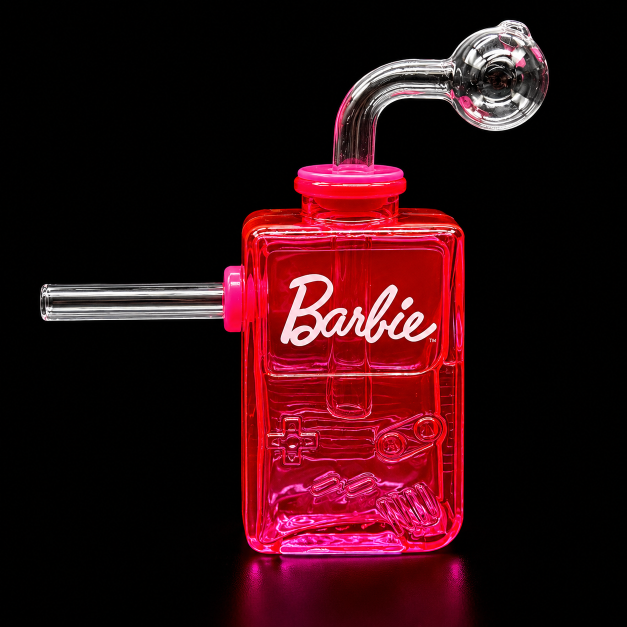 Pink glass water pipe with 'Barbie' branding on a black background