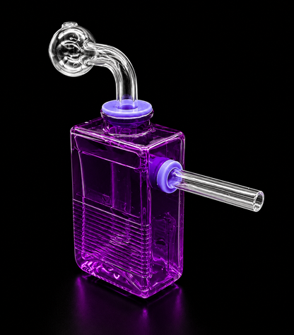 Purple glass water pipe with clear hose on a black background