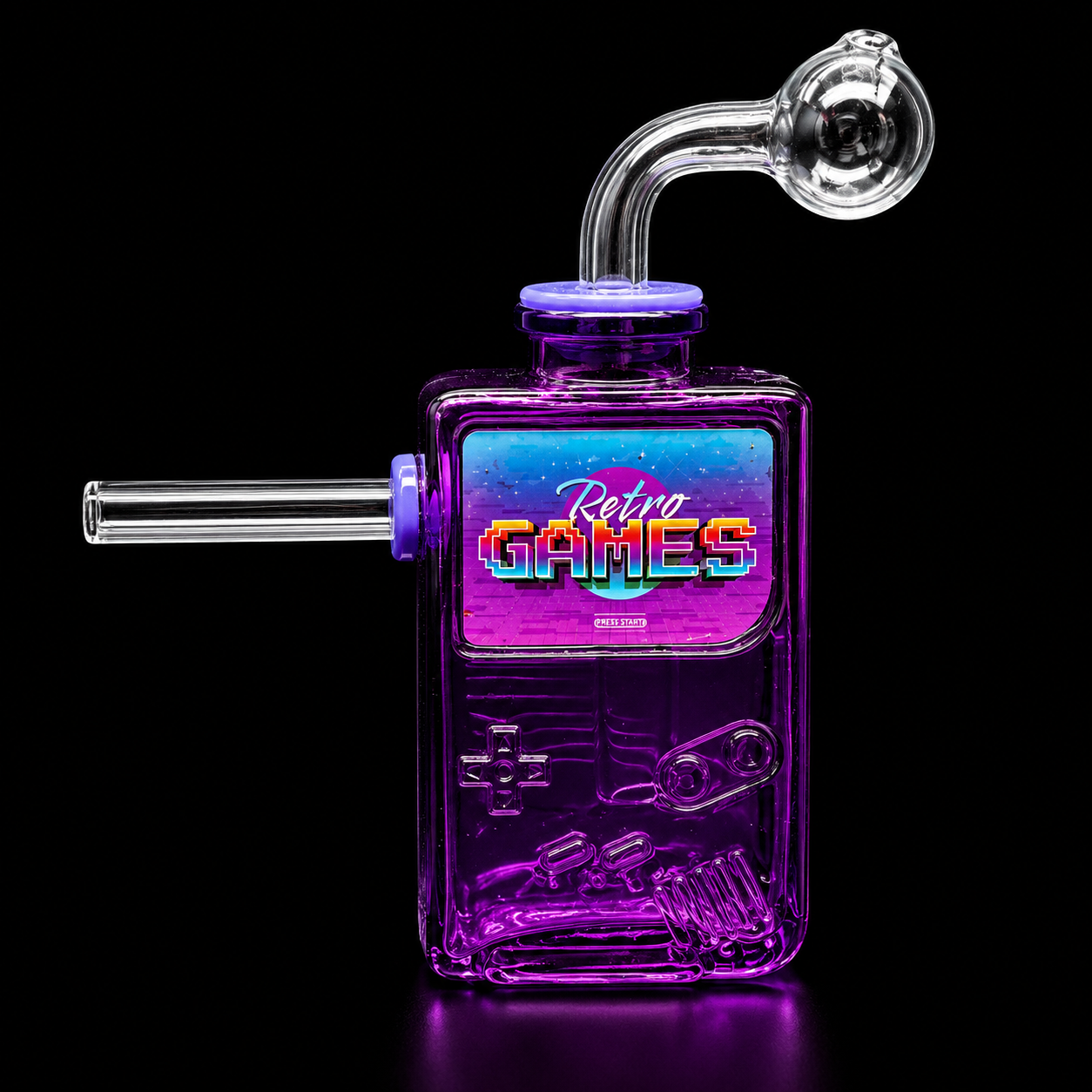 Glass smoking device with 'Retro Games' design on a black background