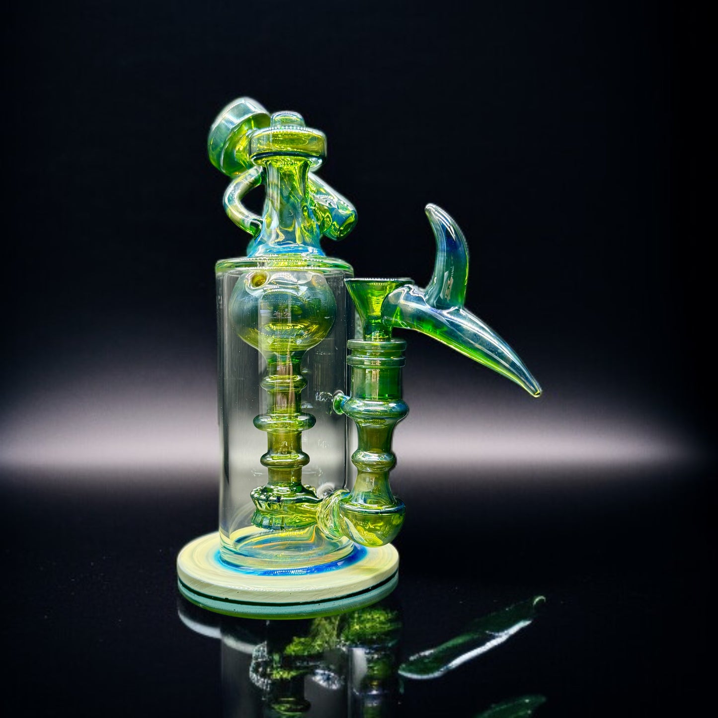 Unique 9-inch glass recycler water pipe with worked perc and horn mouthpiece