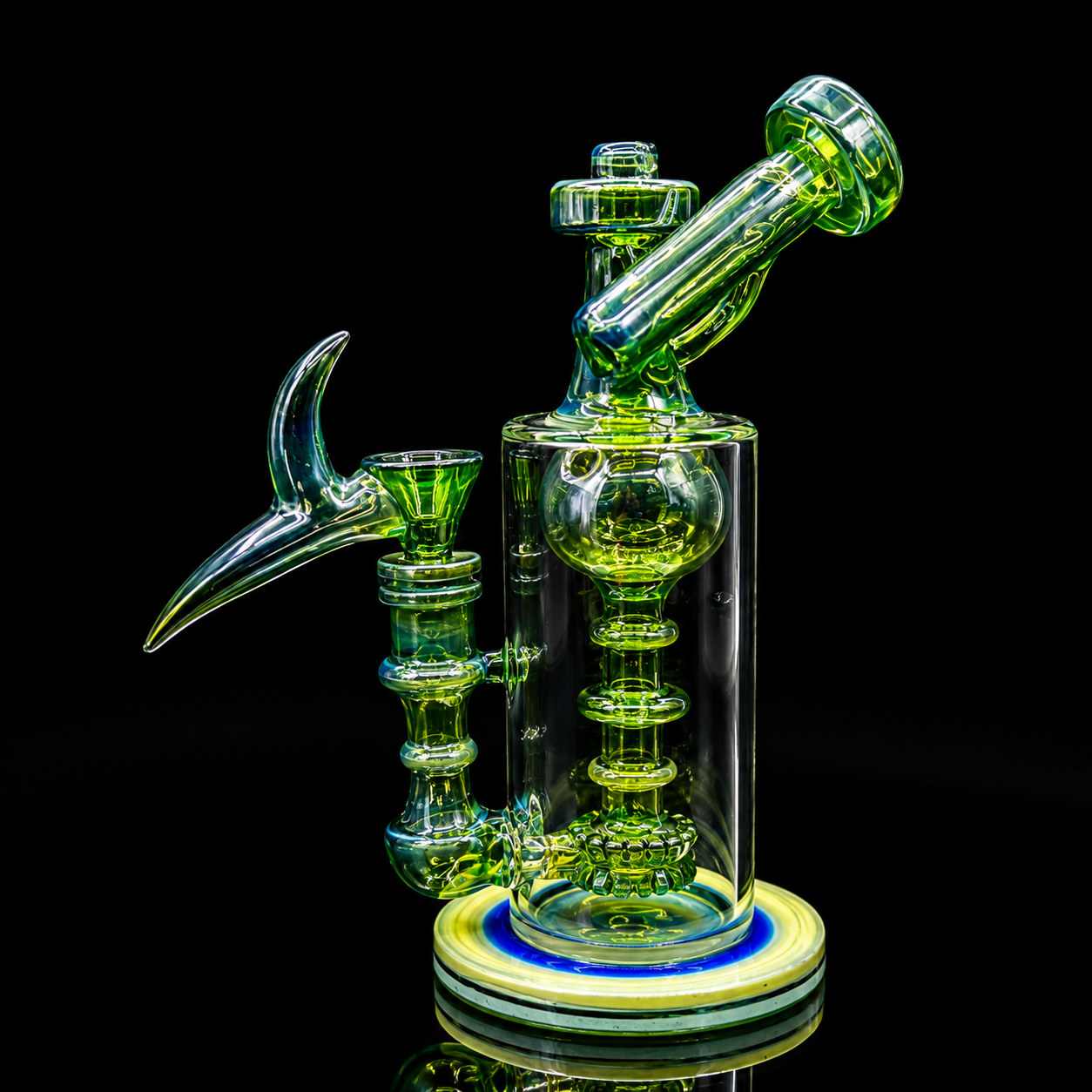 Glass water pipe with green tint on a black background