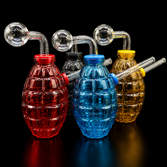 Four colorful glass grenade-shaped pipes on a black background